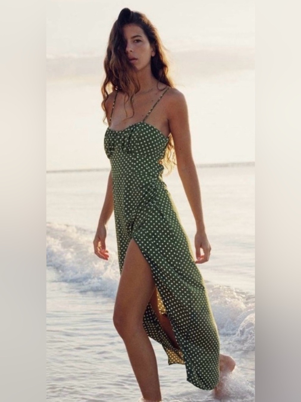 NWT ZARA Green Polka Dot Midi Dress with Side Slit